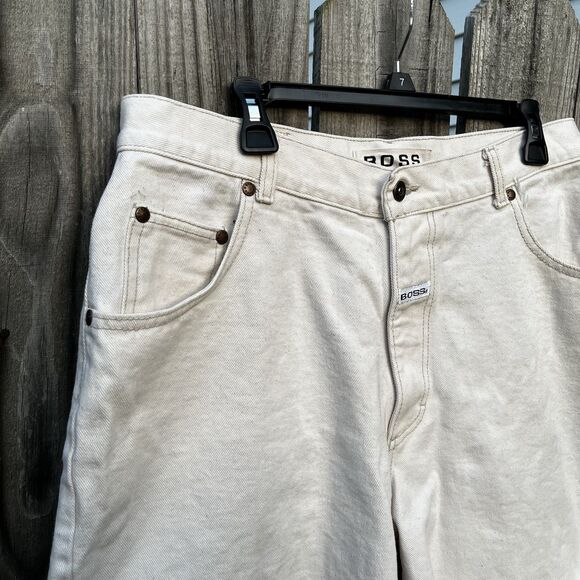 Vintage Boss Shorts Mens 36 White Denim Hip Hop Rap 90s Baggy Spellout Logo Fray - Picture 3 of 16